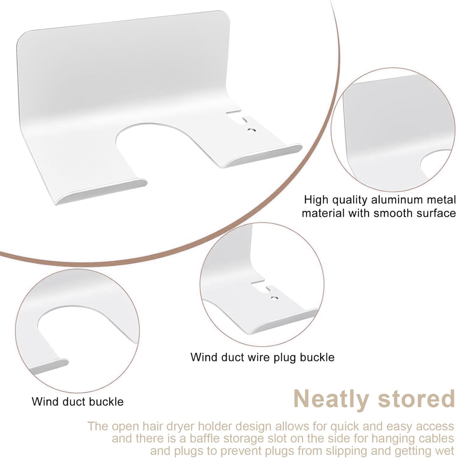Soporte Secador de Pelo Autoadhesivo 4,8 cm Diámetro para Paredes Lisas Mármol Azulejos Blanco