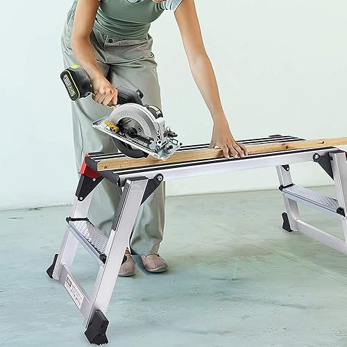 Miniatura 6 de Plataforma de trabajo de aluminio de gran tamaño, banco de trabajo portátil plegable con alfombrilla antideslizante, capacidad de 660 libras,