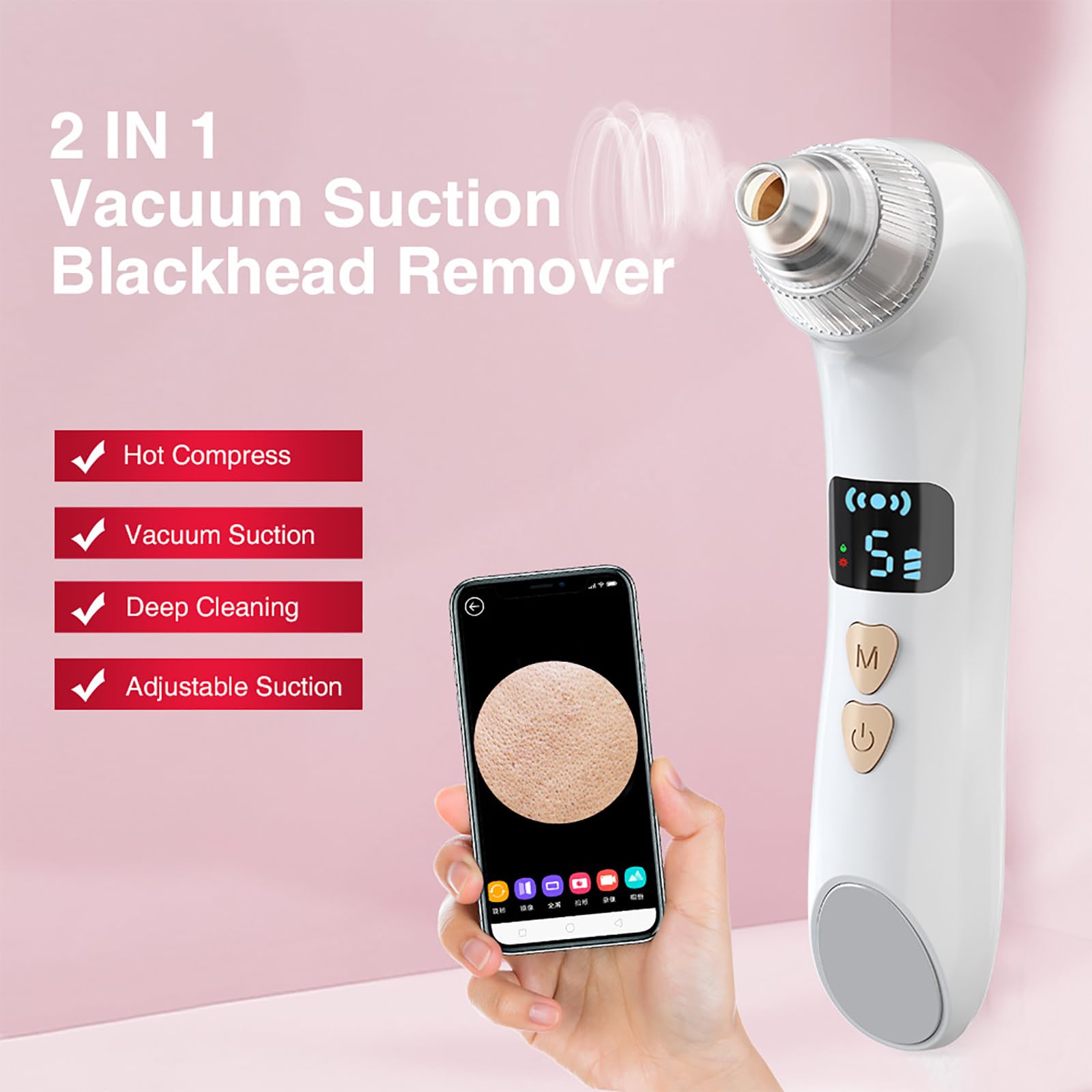 ERICAT Aspiradora removedora de Puntos Negros, removedor de Puntos Negros Mejorado con Pantalla LED y 6 sondas reemplazables, 3 Modos de Calentamiento y 5 Niveles de succión, Adecuado para Mujeres