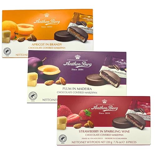 Anthon Berg - Chocolate Covered Marzipan - 3 Pack - 220 grams - 1 x Plum in Madeira, 1 x Apricot in Brandy, 1 x Strawberry in Sparkling Wine - Danish Christmas Sweets - Marzipan - Almond Candy - Swedish Candy
