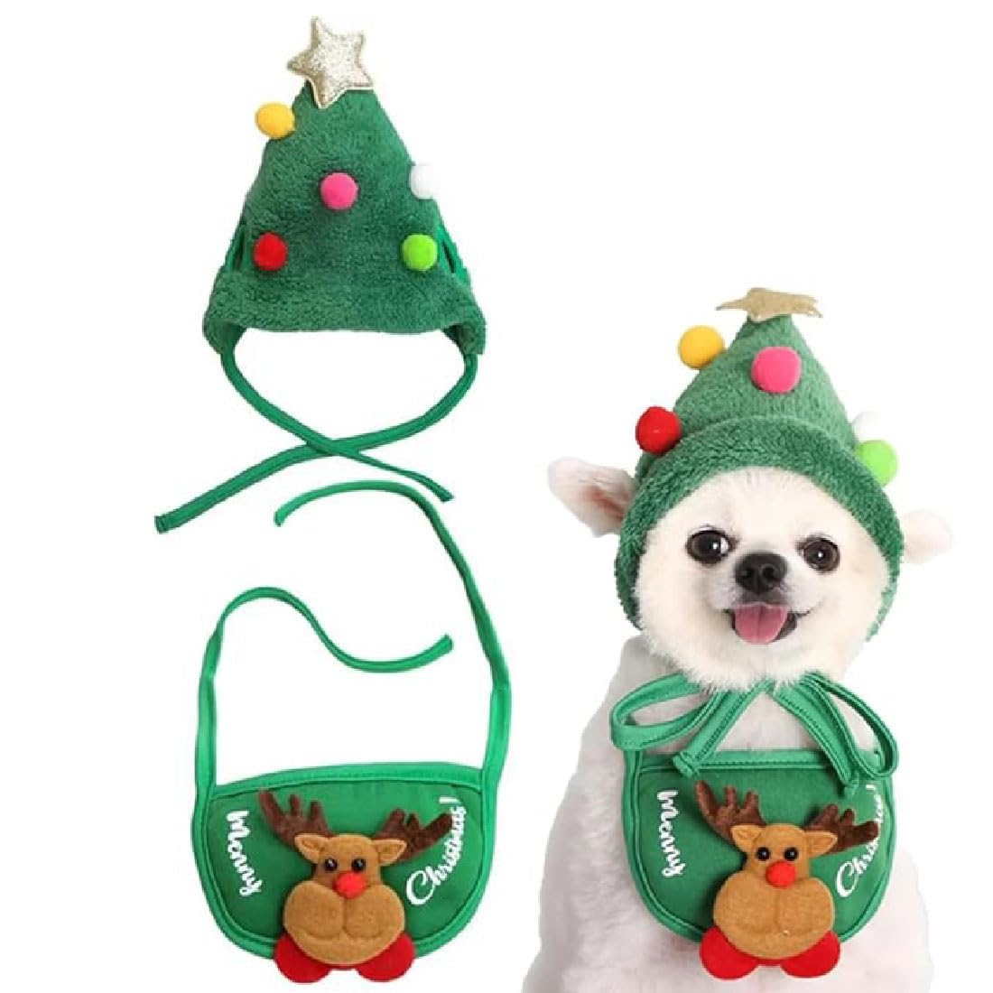 Adorable Christmas Tree Pom-Pom Hat, Celery Pets Dog Santa Hat, Xmas Dog Hats, Adjustable Christmas Tree Hats For Dogs, Cute Small Dogs Costume for Xmas Party (Green, S)