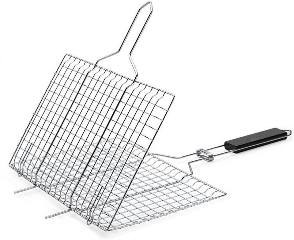 Nonstick BBQ Grilling Basket 12.6 x 8.5 x 0.8 Portable with Detachable Wooden Handle
