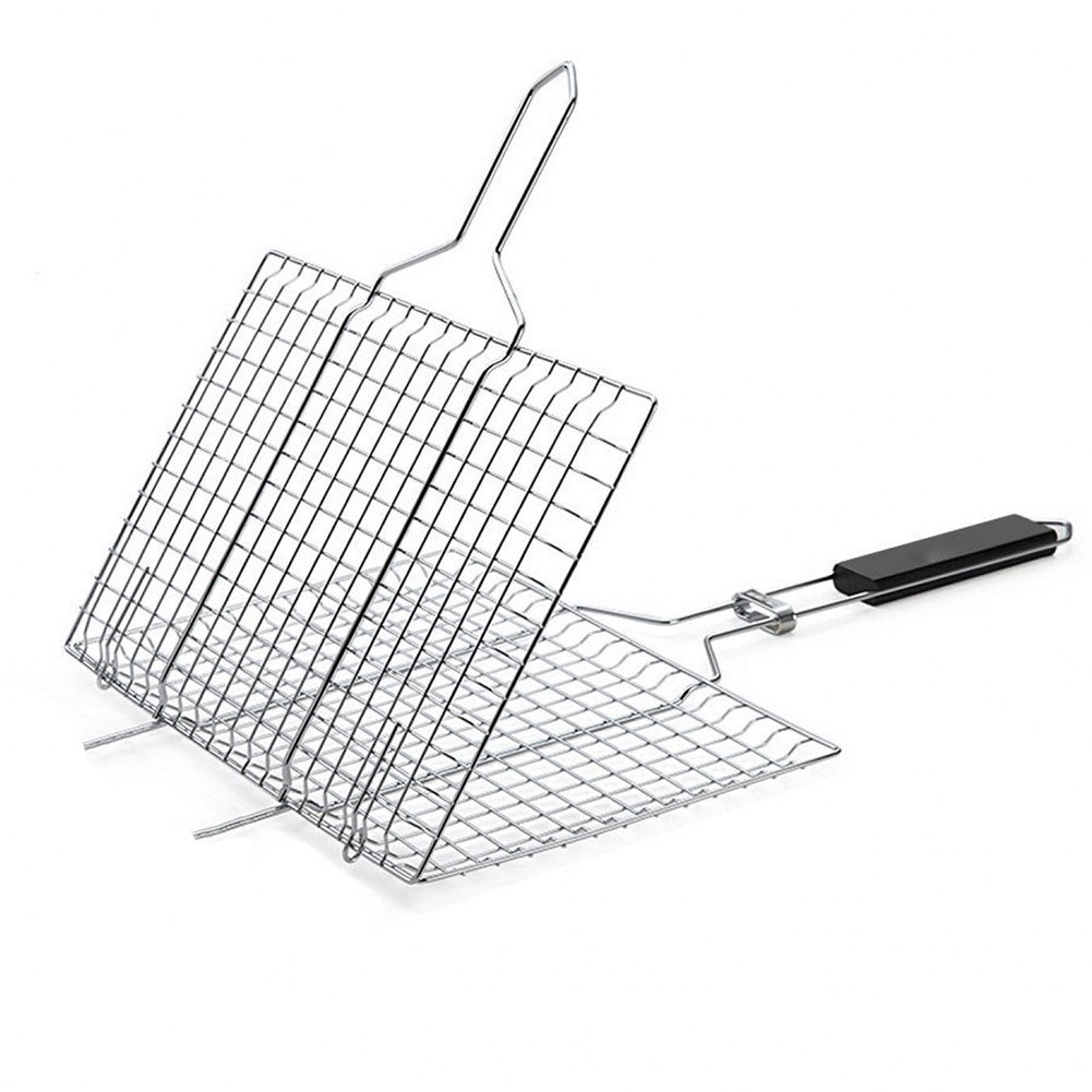 Nonstick BBQ Grilling Basket 12.6 x 8.5 x 0.8 Portable with Detachable Wooden Handle