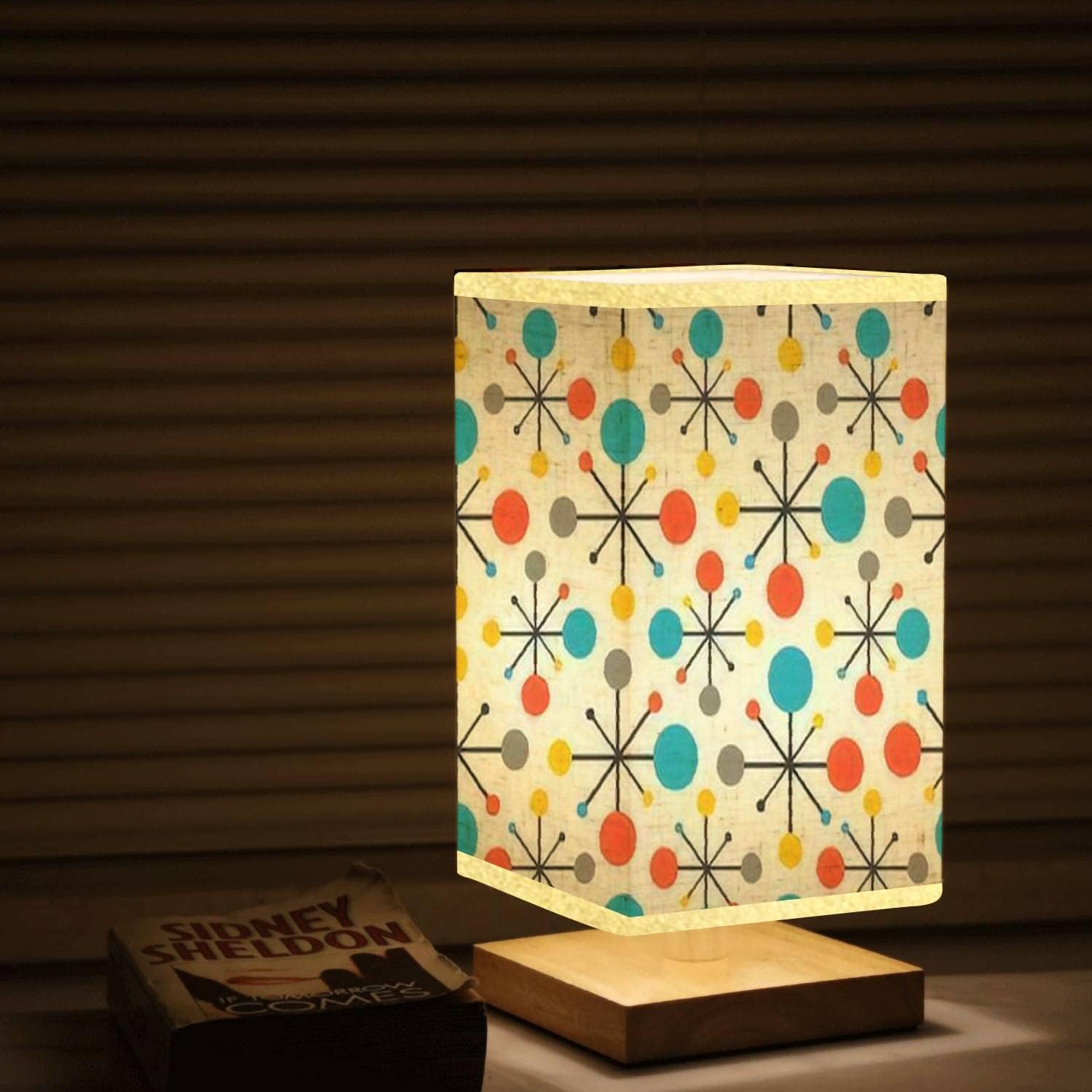Square Bedside Table Lamp Mid Century Fifties Modern Atomic Retro Colors Seamless Wooden Base Fabric Shade Dimmable Nightstand Desk Lamp Living Room