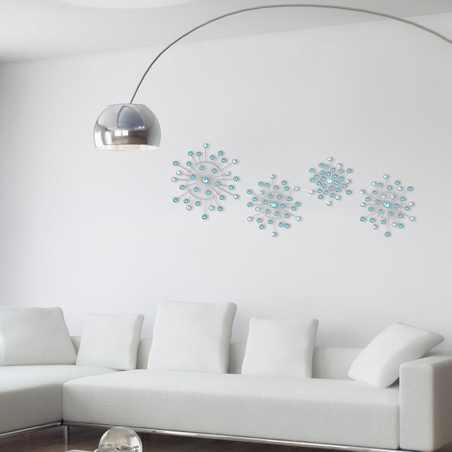 Blulu 4 Pcs Metal Wall Decor Bling Crystal Wall Art Cast Iron Rhinestones Sunburst Decor Starburst Art Hanging Diamond Accents Home Decorative for Living Room Bedroom Entryway (Blue)