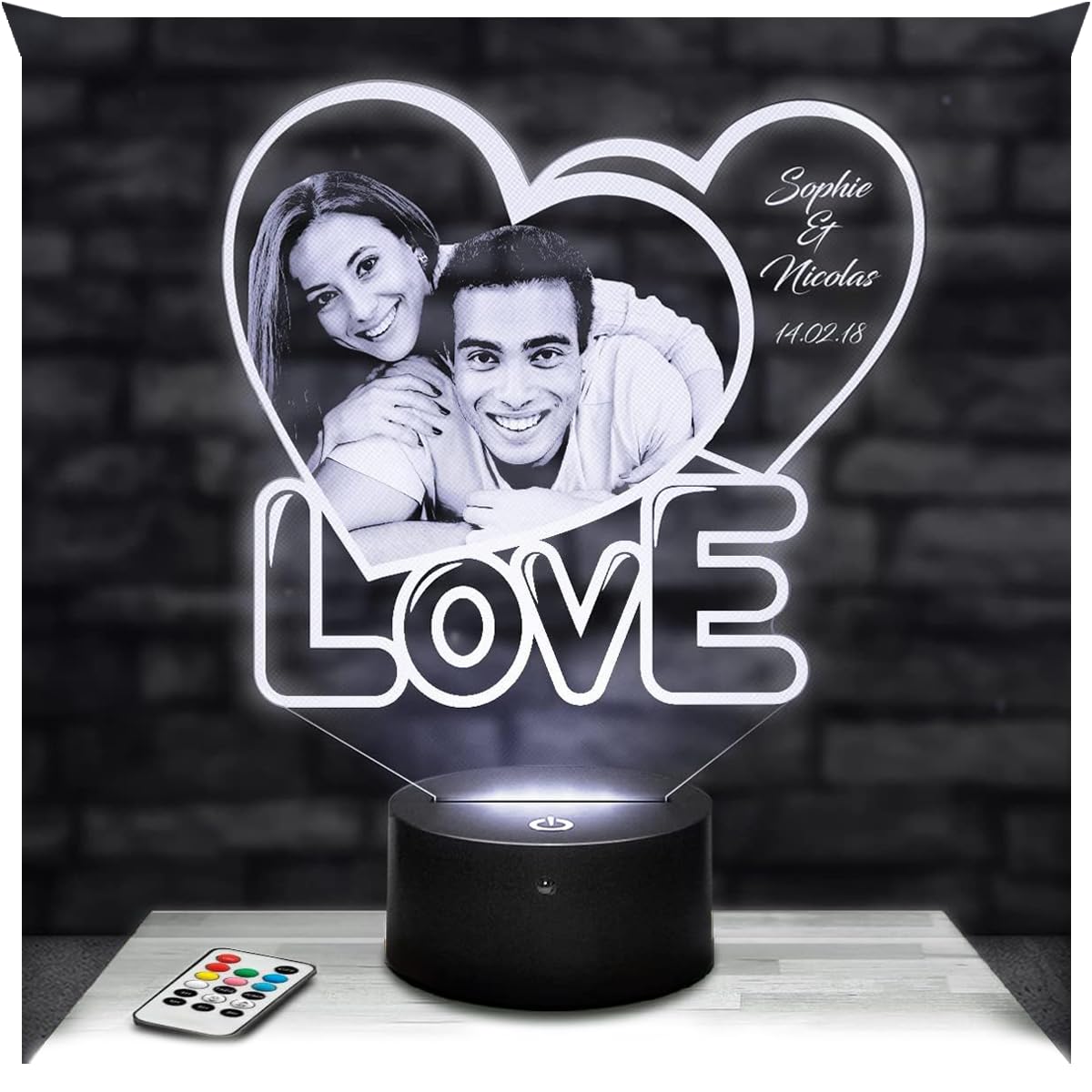 Lampephoto.fr Heart Love 2 Photo Lamp, Personalised with Laser Engraving, Valentine's Day, Christmas, Photo and Text Customizable, Personalised Lamp, Couple Gift, Woman Gift, Love