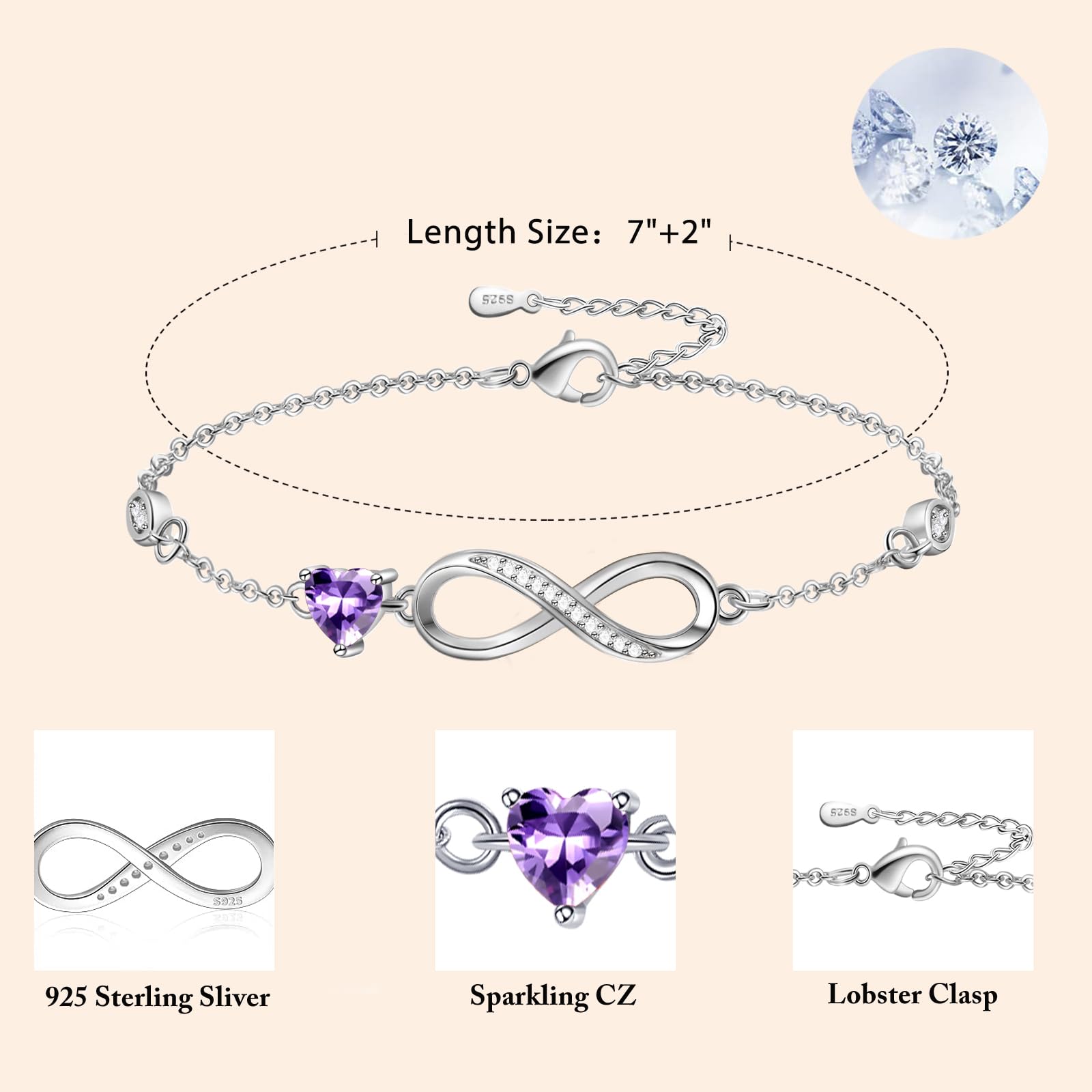 Tusuzik Bracciale Argento 925 Donna, Bracciale Infinito Donna Argento 925 con Cuore Zirconi Regolabile Bracciali Donna Gioielli Regalo per Mamma Amica Ragazza