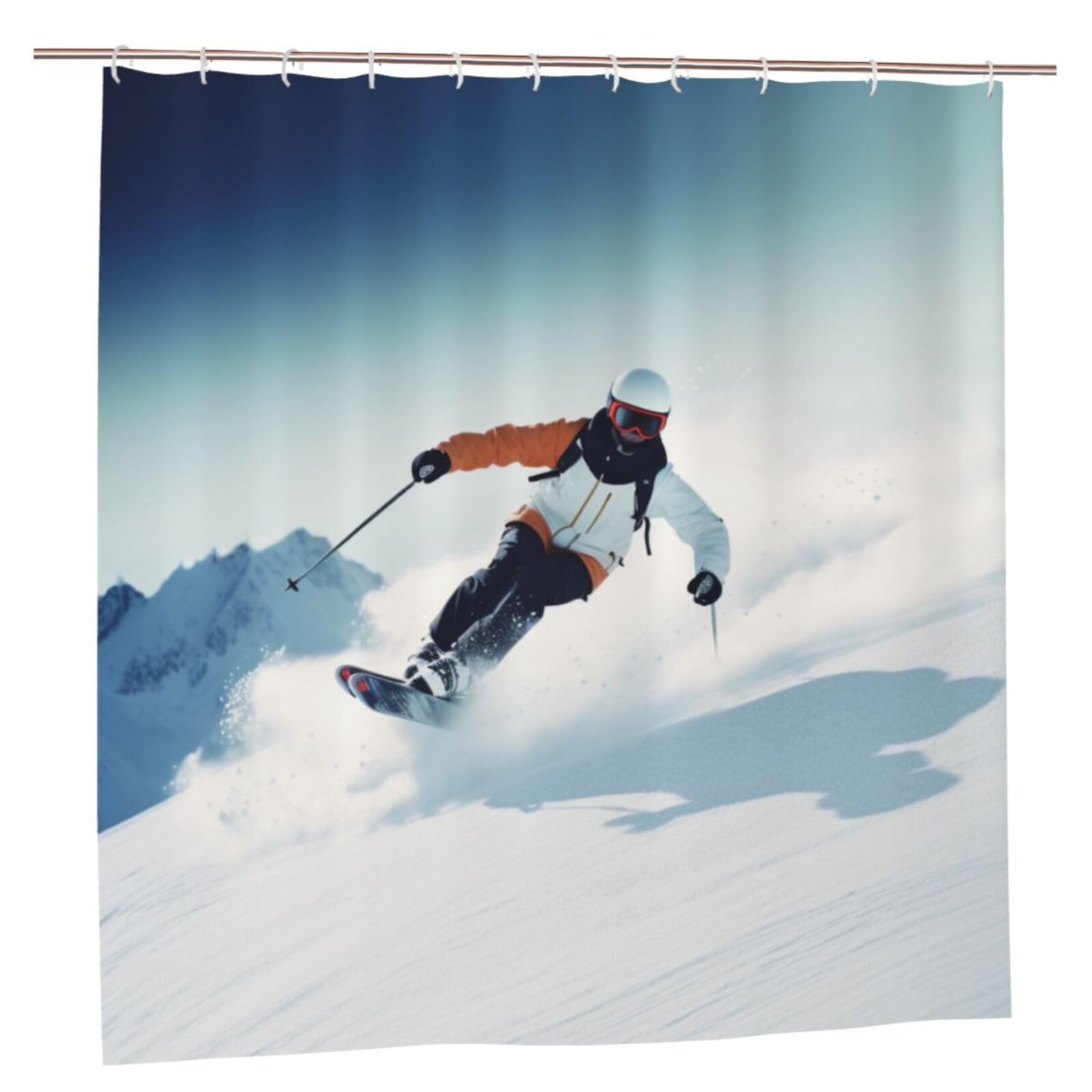 BWWHCCTI Sports Ski Printed Shower Curtain With 12 Plastic Hooks Opaque Quick Drying Waterproof Shower Curtains Sets For Bathroom 183x183 CM