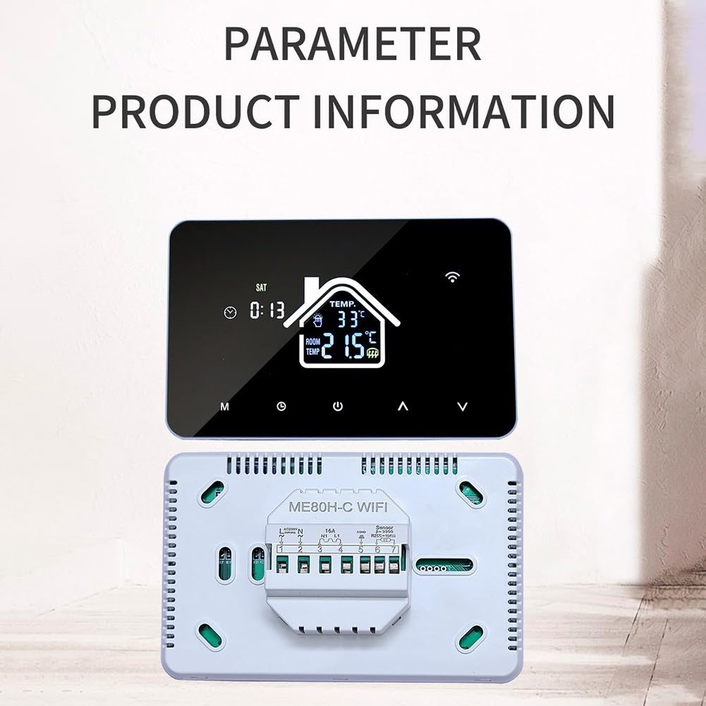 Regolatore di temperatura intelligente con touch screen e controllo app per sistemi di riscaldamento centralizzato con blocco bambini e impostazioni programmabili nero (elettricità 16A)