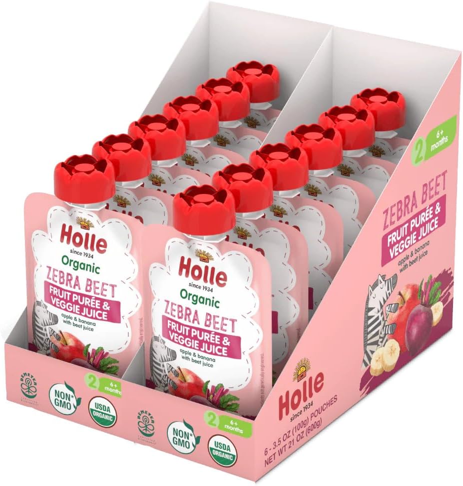 Holle Organic Baby Food Pouches, Zebra Beet Fruit & Veggie Purée with Apple, Banana & Beetroot, Demeter Biodynamic, Clean Label Project Recognized, 3.5 oz Pouches (Pack of 12), 6+ Months