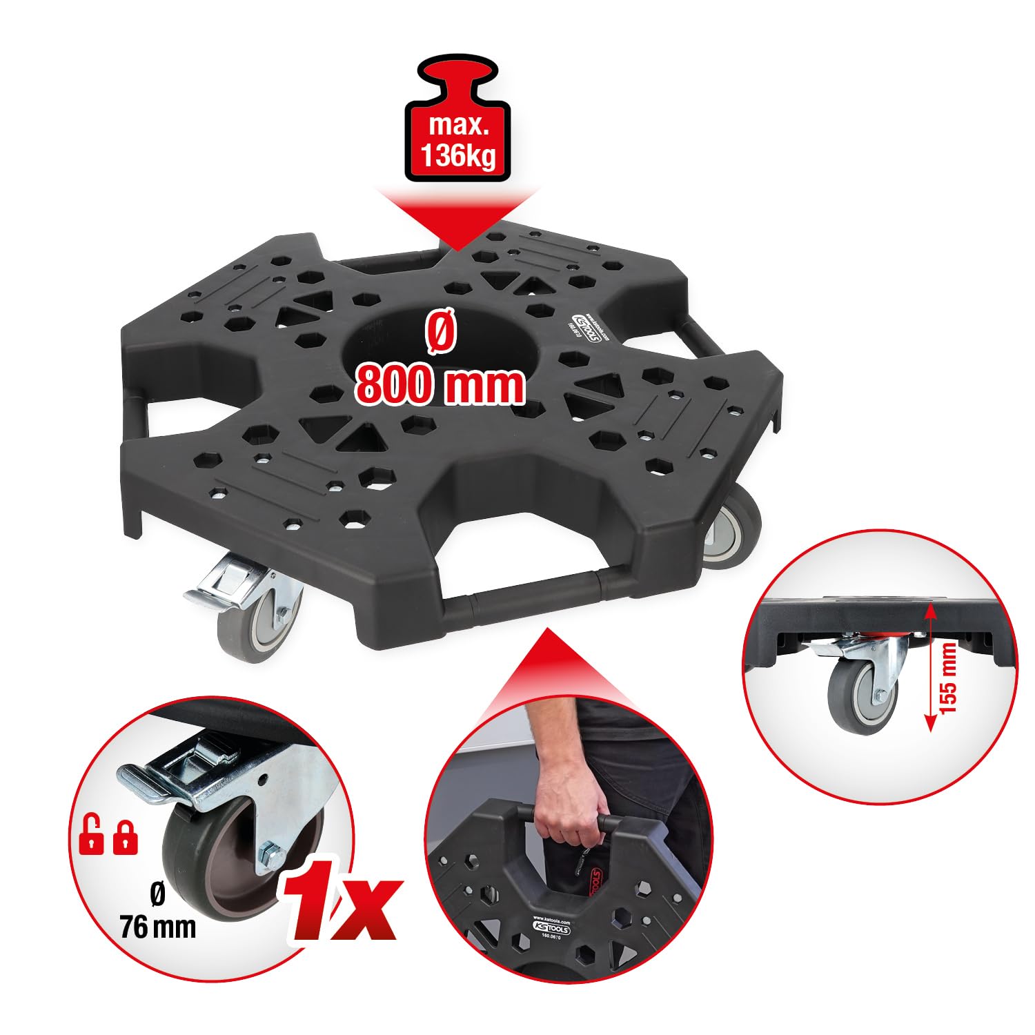 KS Tools 160.0680 Felgen- und Reifenrangierer, Tragkraft 136 kg, Ø 800 mm