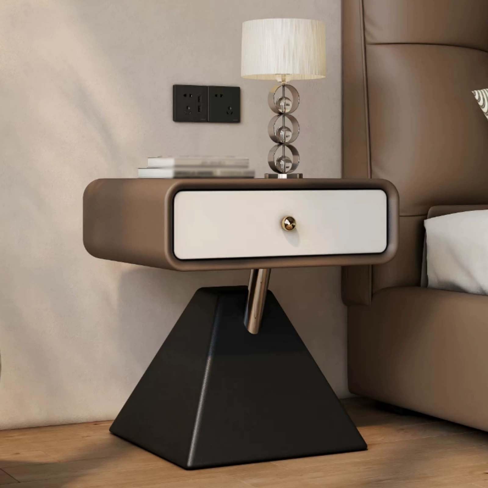 Comodino Moderno Geometrico, Tavolino da Letto Piccolo con Cassetti | Comodini Laterale in Legno con Pelle in Microfibra per Camera da Letto, Soggiorno, Studio