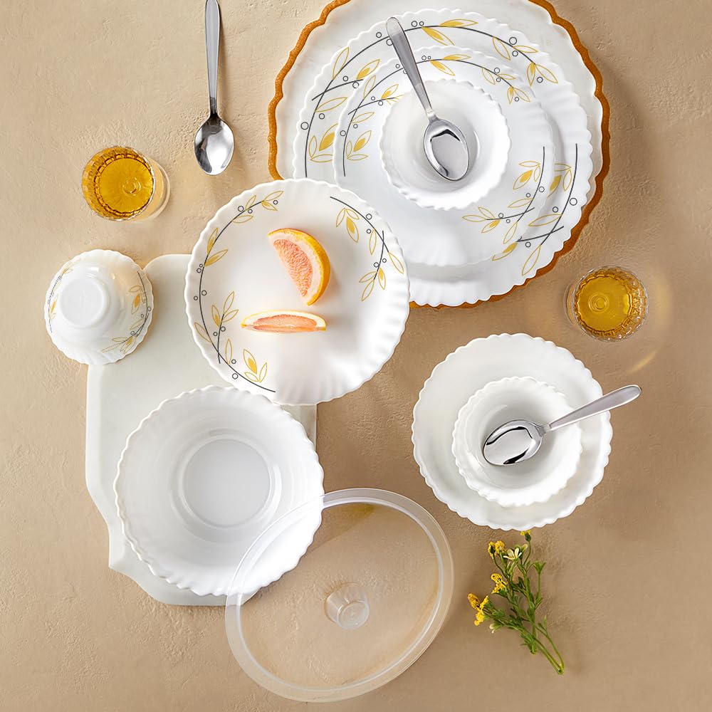 Silk Series Bella Opalware Dinner Set with Steel Spoon | 41 Pcs for Family of 6 | Microwave & Dishwasher Safe | Bone-Ash Free | Crockery Set for Dining & Gifting | Plates & Bowls