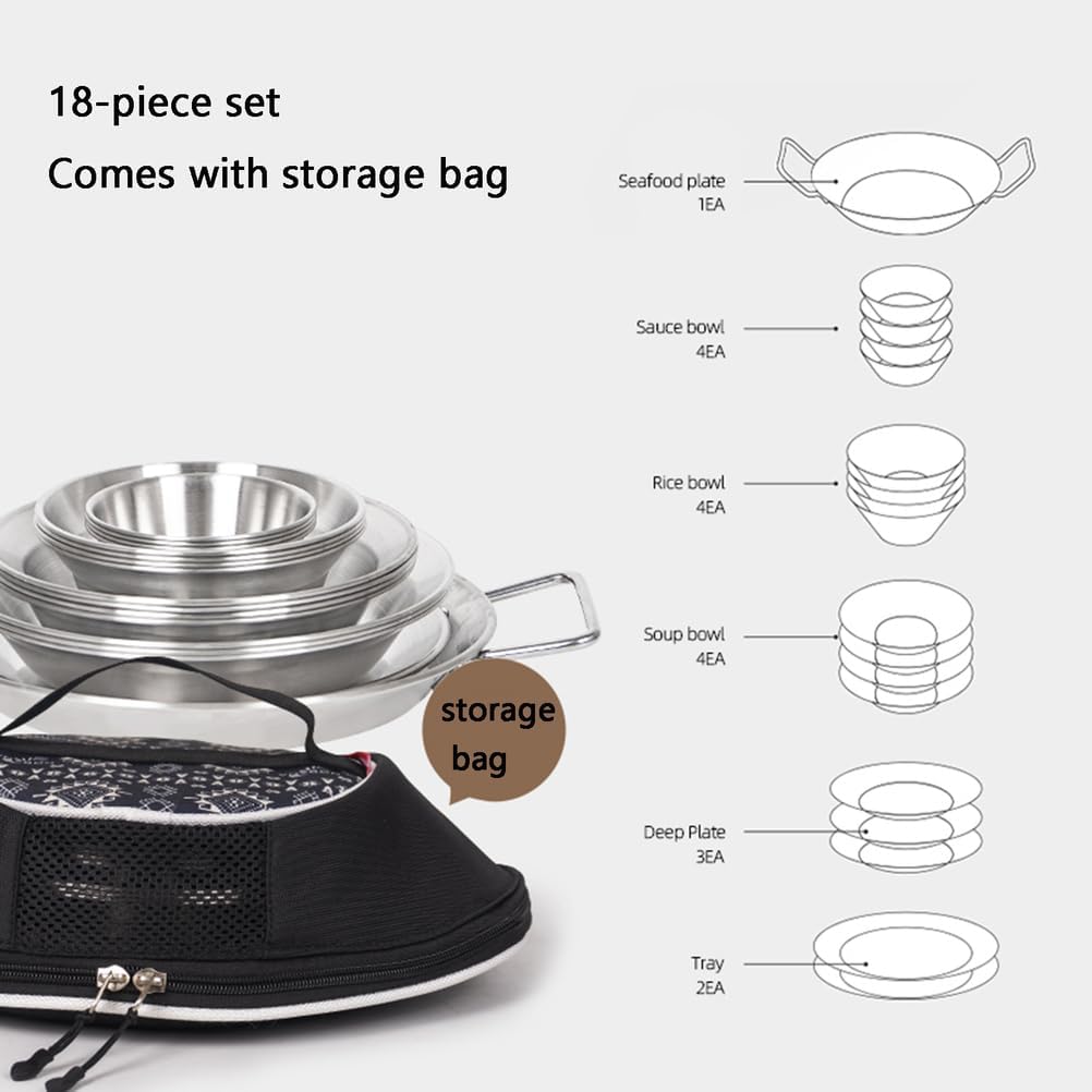 Set of 18 Stainless Steel Outdoor Camping Cookware Mess Kit Camping Dish Set Includes Plates, Bowl, Storage Bag,18
