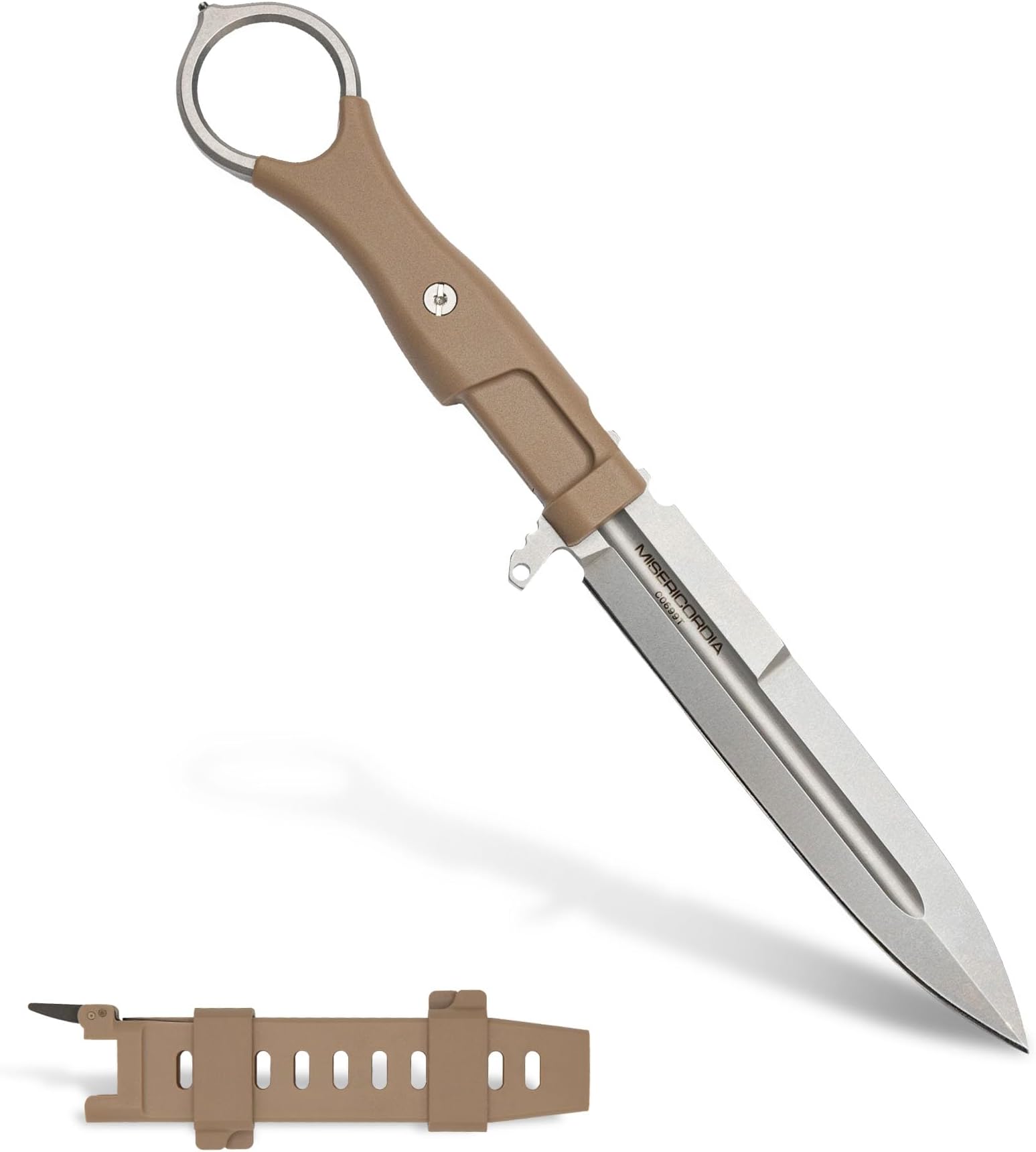 Misericordia (Desert) Fixed Blade Knife, Bohler N690 Steel 4mm Blade, 58 HRC, Professional Tactical Tool, Made in Italy