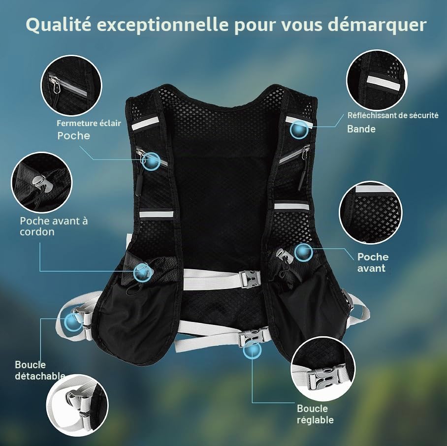 Gilet de course avec sac à dos - Respirant et réfléchissant avec 6 poches avant et 1 sur le dos - pour cyclisme, marathon, randonnée