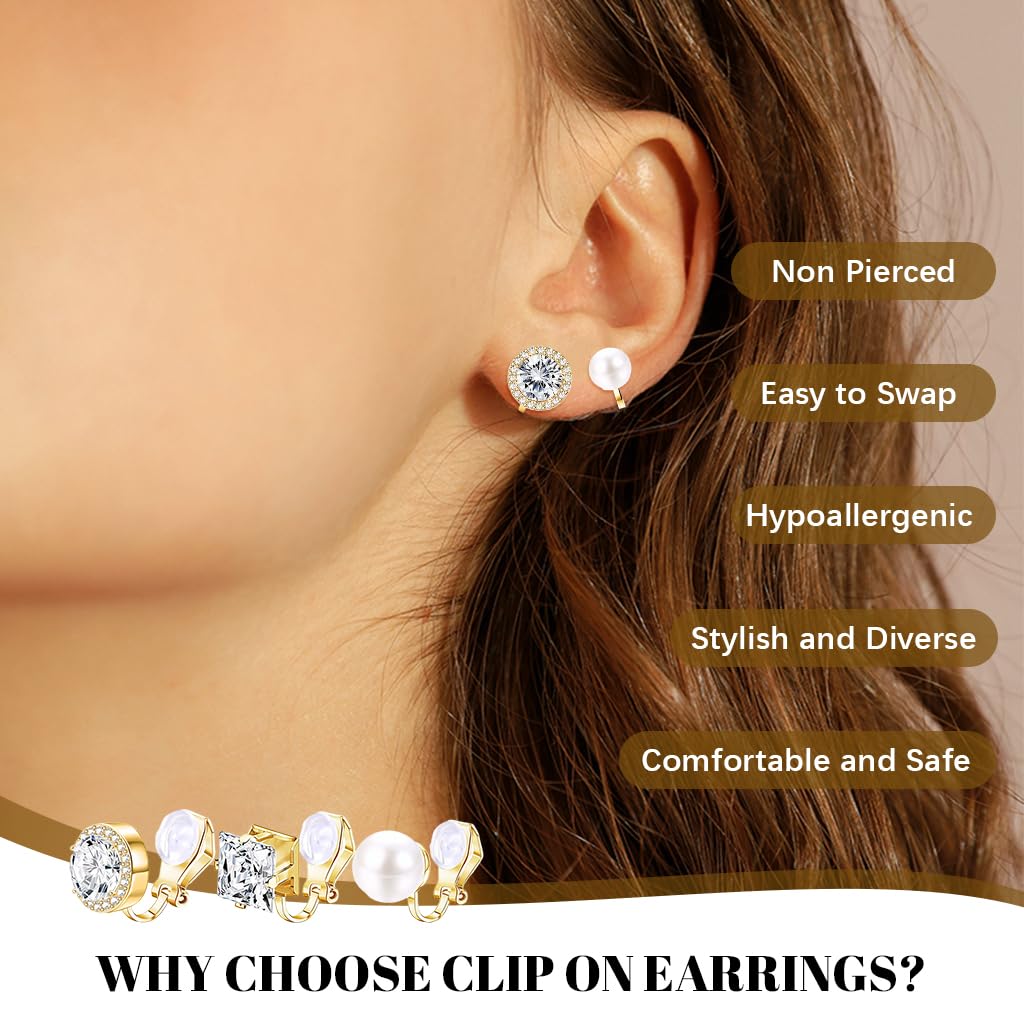 SANNIDHI® 3 Pairs Cubic Zirconia Clip on Earring Women Hypoallergenic Comfortable Non Pierced Stud Earrings for and Dance Competitions, Clip-on Earrings Silver Gold