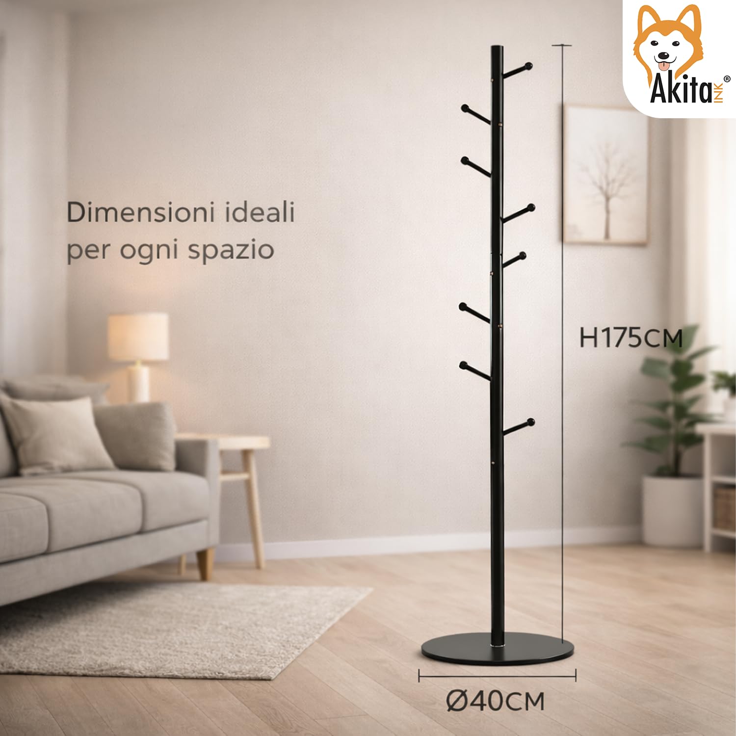 AKITAInk Appendiabiti da Terra a Forma di Albero in Metallo con Base MDF, Attaccapanni con 8 Ganci, Salvaspazio per Vestiti, Cappelli e Borse, Nero, h175 cm