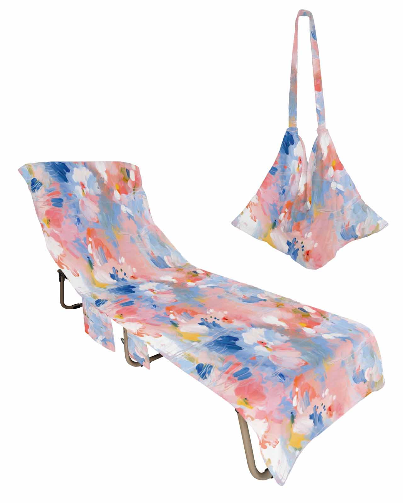 Abstract Flower Beach Chair Towel Covers for Chaise Lounge with Side Pocket, Soft Plush Pool Towels Cover for Patio Sunbathing Outdoor 29''x85'' Blue Ombre Aesthetic Minimalist Painting