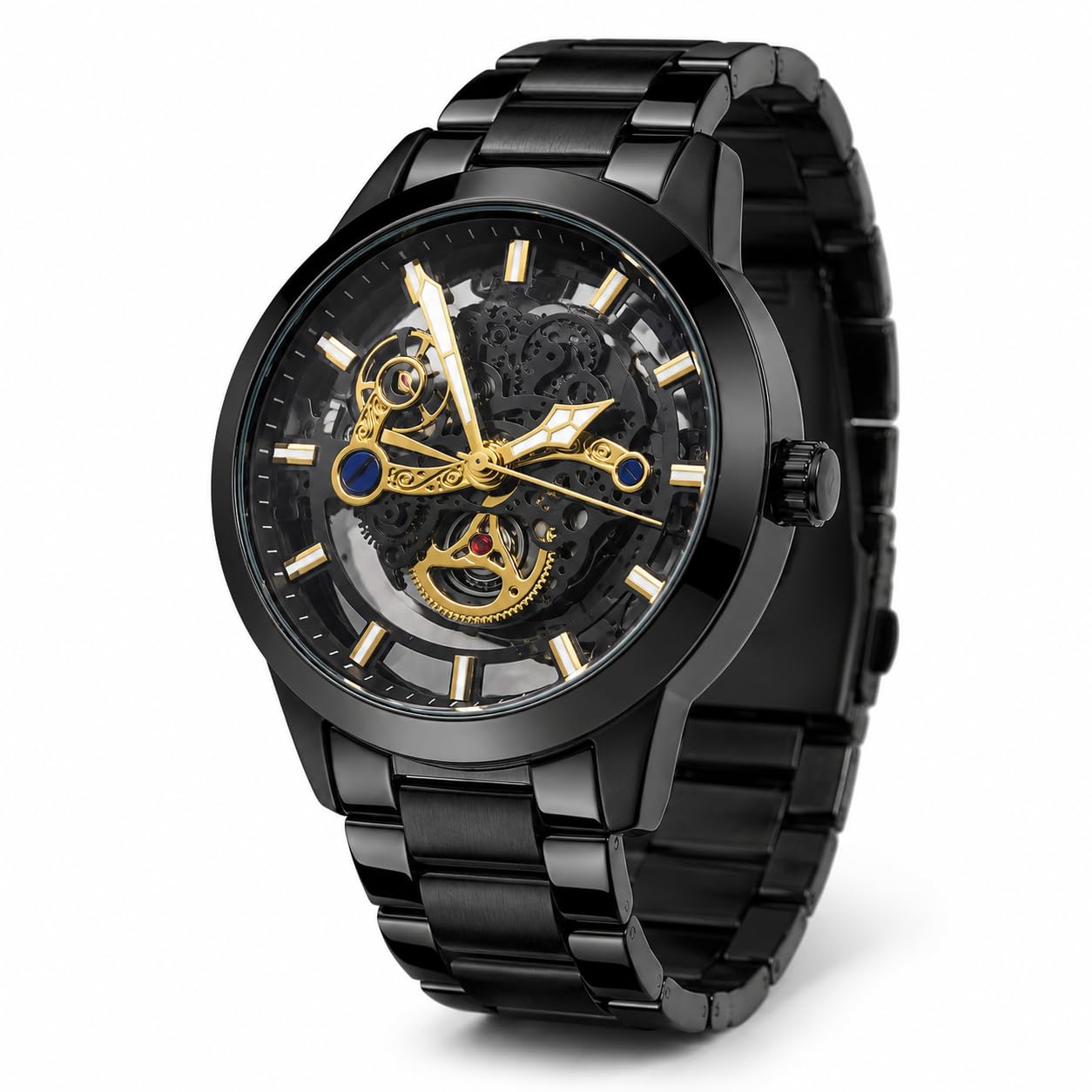 Skeleton Automatic Watch for Men, Mechanical Self Winding Analog Wrist Watch, Black Stainless Steel Chain Strap, Luxury Gold Accent Dial, Waterproof 3ATM, Luminous Hands, Premium Mens Silver Watch-image-46