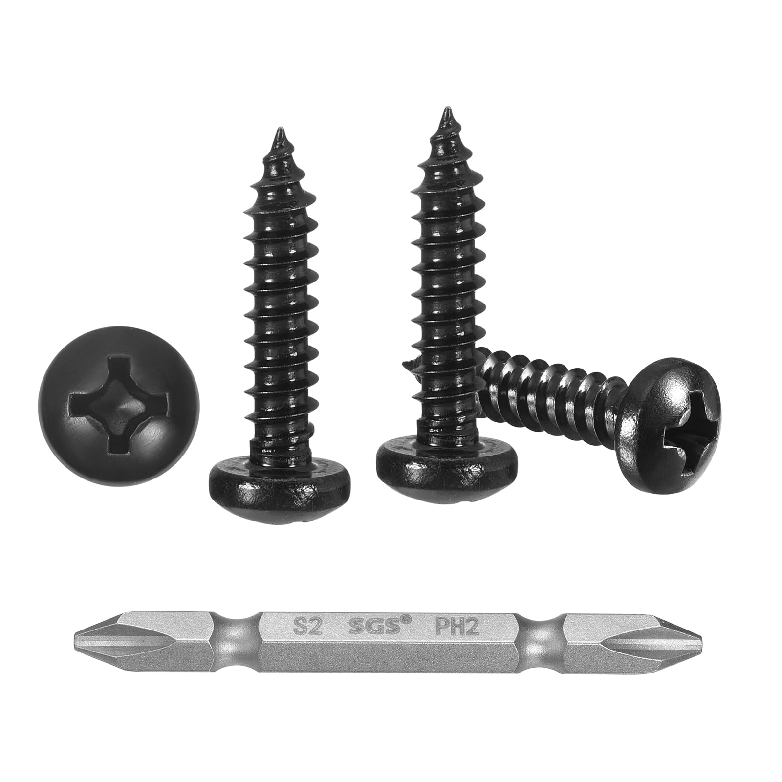 METALLIXITY Phillips Pan Head Self Tapping Screws(#8x3/8") 200Pcs, 304 Stainless Steel Self Drilling Screw for Metal Wood Plastic with Bit, for Cabinet Wall Shutter Plate Rock Furniture, Black