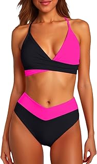 Bikini sexy para mujer, cintura alta, cuello en V, giro frontal ajustable, sin tirantes, color liso, para la noche de boda, vacaciones de luna de miel