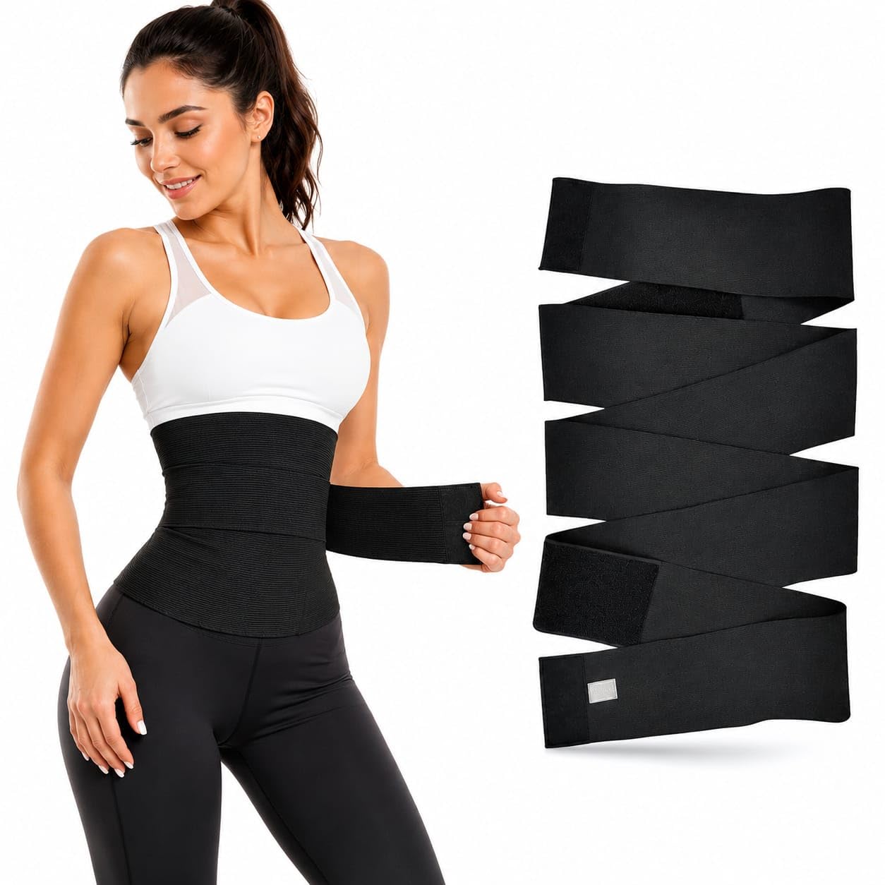 Advance Wrap Elastic Waist Belt Band Weight Loss Flat Belly Belt Body Shaper Abdominal Belt After Delivery for Tummy Reduction Tummy Wrap Waist Trainer (Free Size) Black-image-49