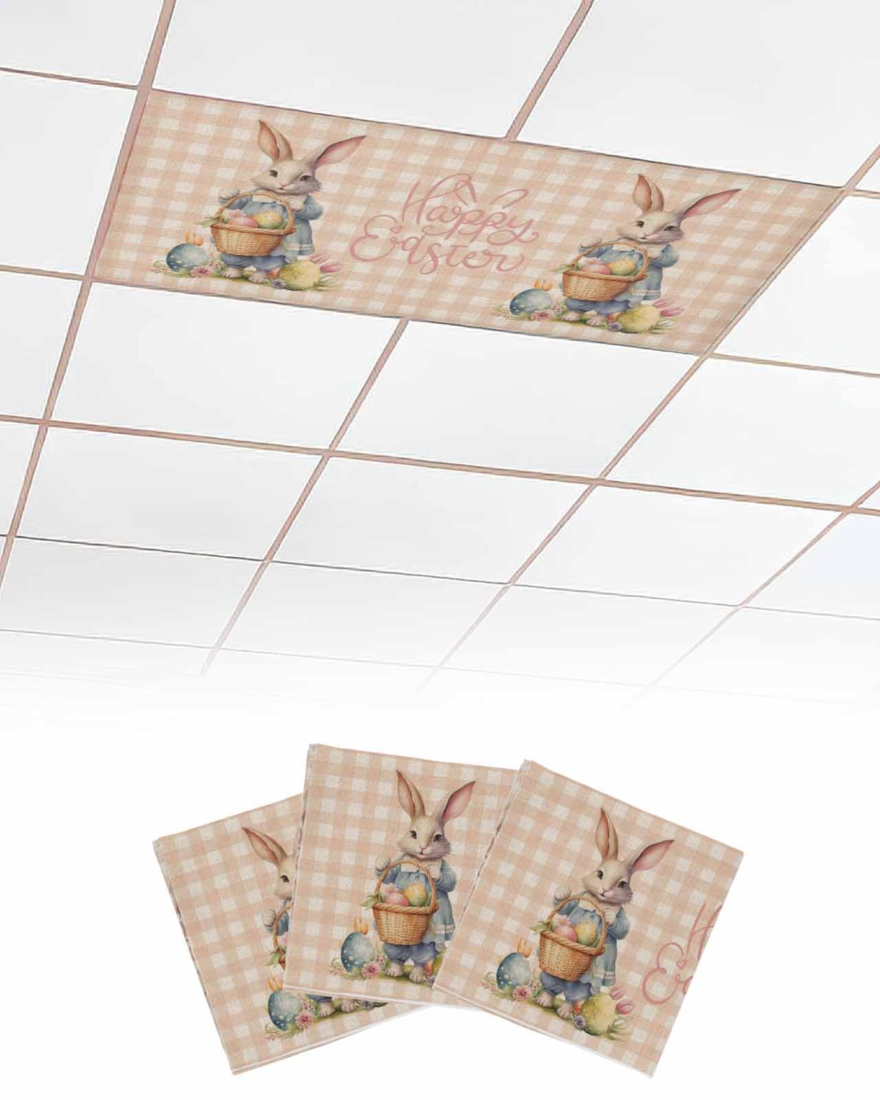 Happy Easter Day 3 Pcs Fluorescent Light Covers for Ceiling Lights, Cute Rabbit Easter Eggs Colorful Flowers Magnetic Light Filters for Eliminate Harsh Glare Classroom Office Decoration, 4 x 2 Ft