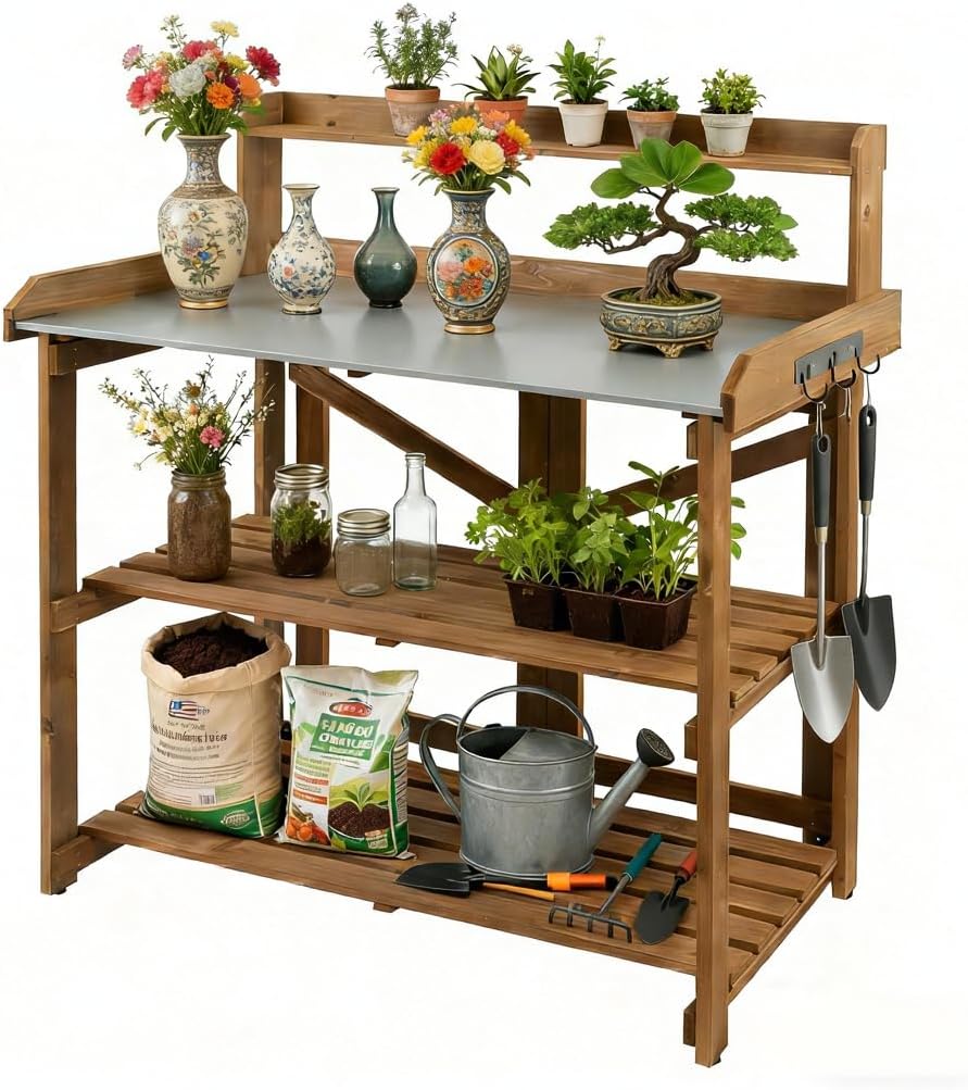 Outdoor Potting Bench Table, Wooden Garden Work Station with Metal Table Top, Metal Hooks, Large 2 Shelves, Easy Assembly