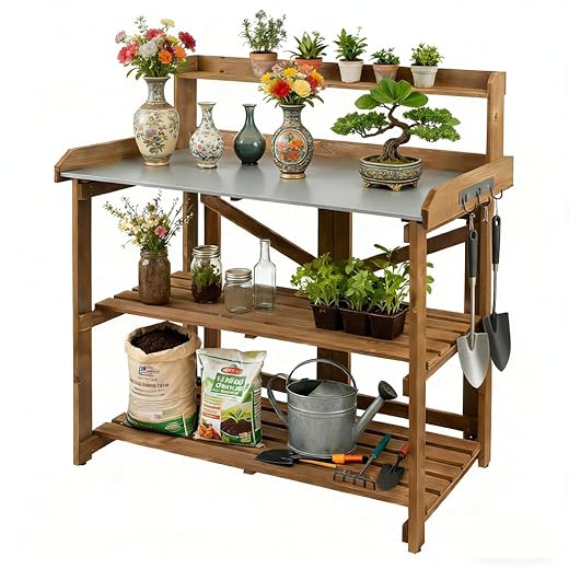 Outdoor Potting Bench Table, Wooden Garden Work Station with Metal Table Top, Metal Hooks, Large 2 Shelves, Easy Assembly