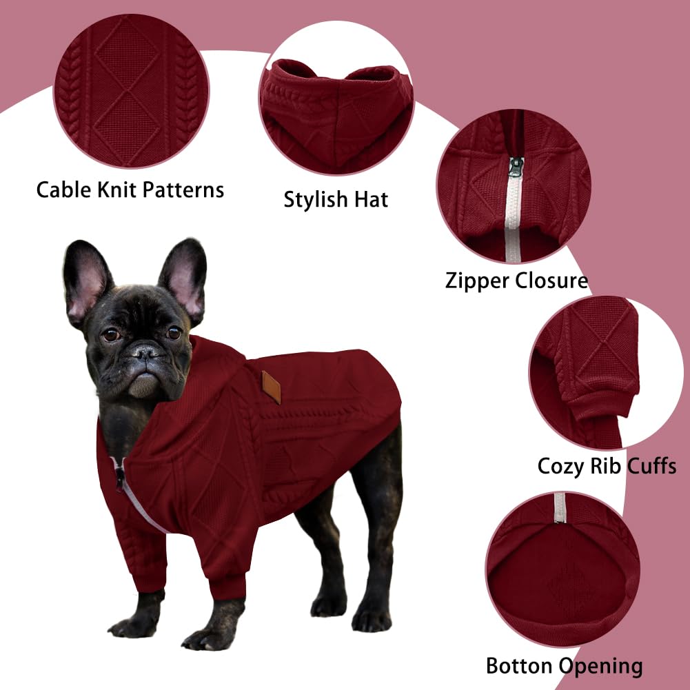 meioro Suéter de Perro Ropa para Mascotas con Capucha y Cremallera Ropa para Perros y Gatos Paño Tibio para Perros Cachorro Bulldog Francés Pug（L,Rojo）