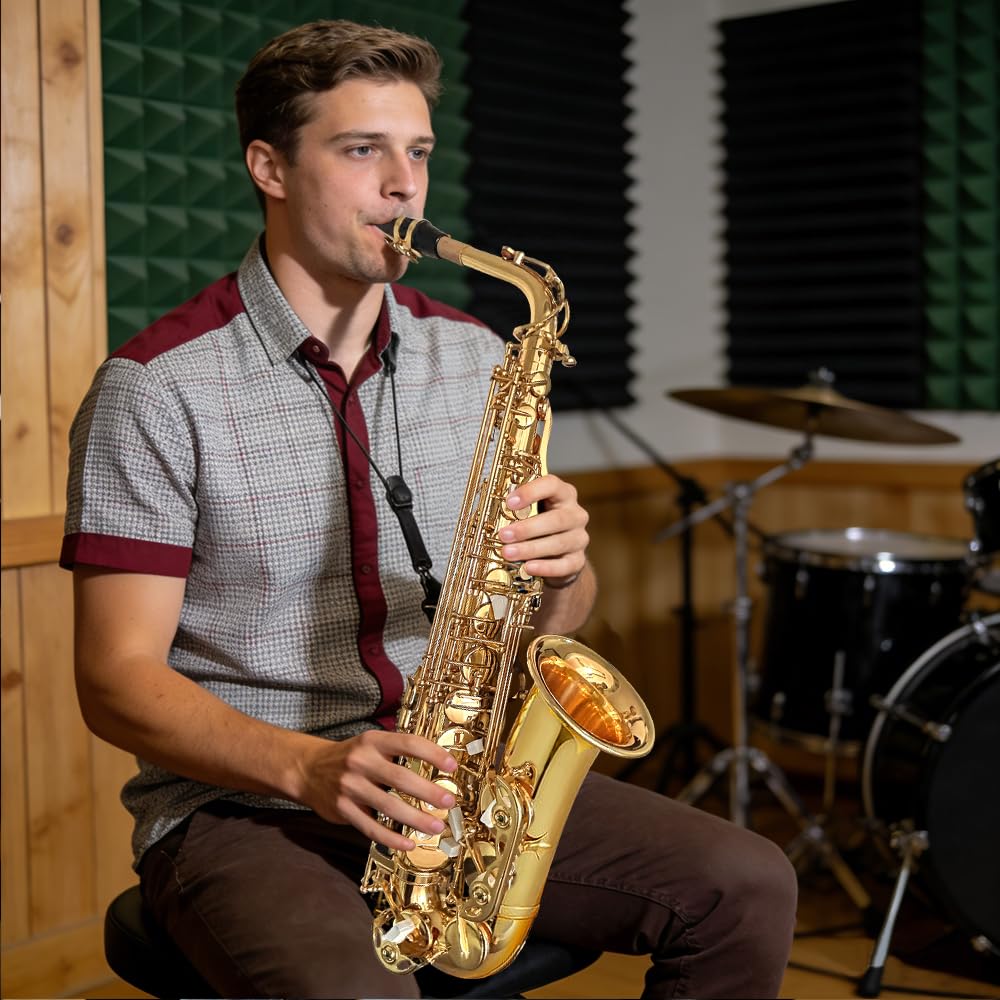 Saxophone alto débutant pour adultes et étudiants, saxophone Eb professionnel en laiton, étui, embouchure, anches, gants, chiffon de nettoyage et brosse (doré)