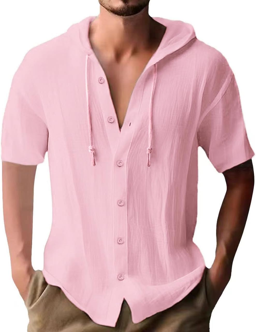 Men's Cotton Linen Hooded Short Sleeve Button Shirt Lightweight Summer Casual Beach Vacation Hoodie Top