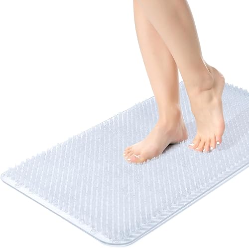 Yolife Tapete de ducha para pies, tapete de baño antideslizante con cerdas exfoliantes, masajeador de pies de ducha suave con ventosas fuertes para