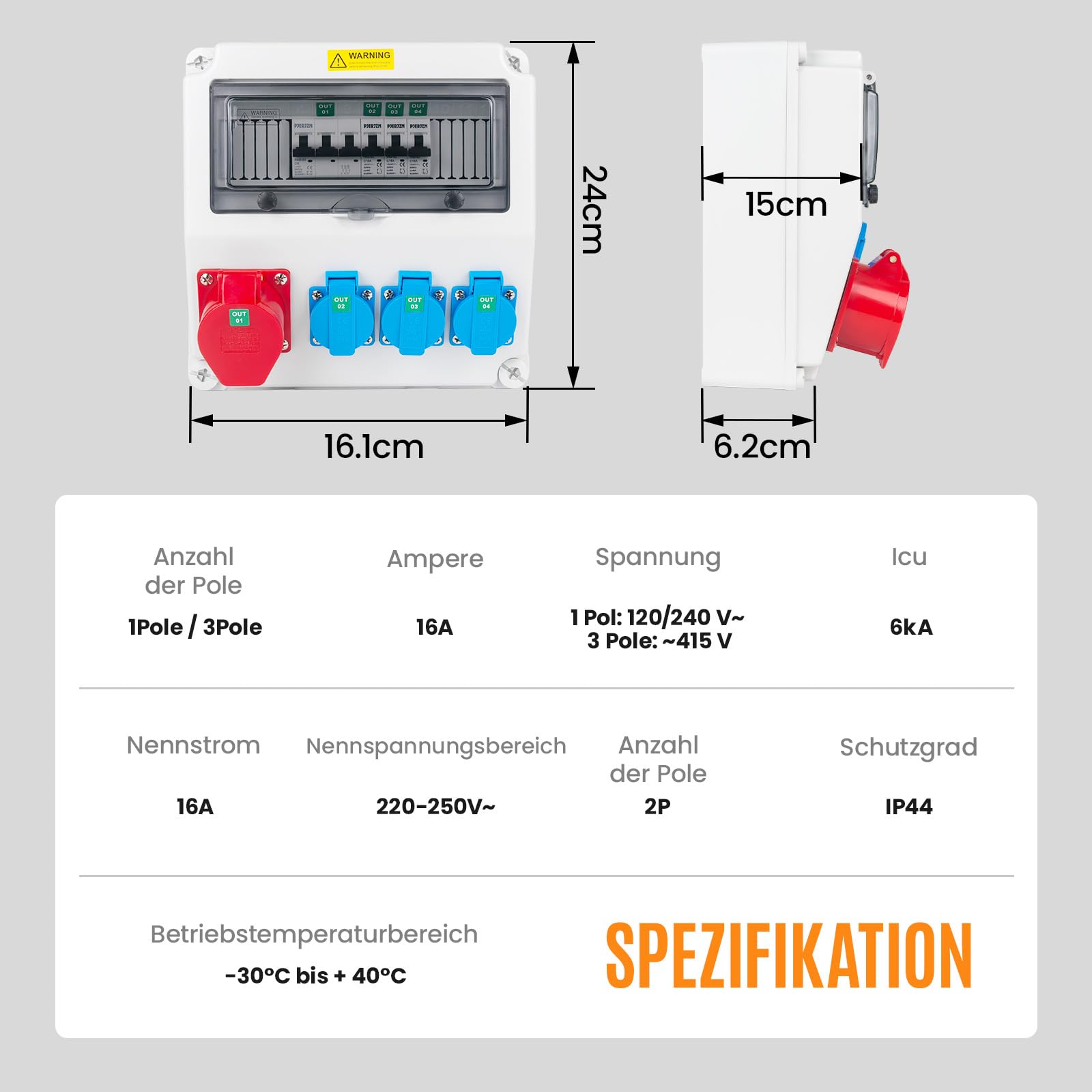 Distributore di corrente da cantiere con presa CEE da 16 A, distributore da parete, IP44, per cantieri e officine, con 3 x 16 A 1P LS + 1 x 16 A 3P LS (3 x 16 A 1P LS + 1 x 16 A 3P LS)
