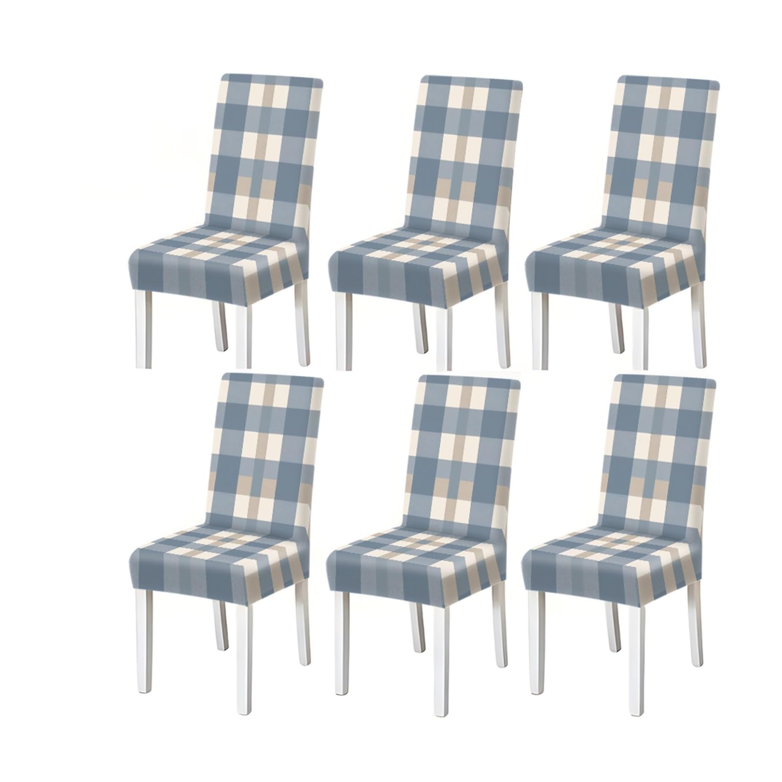 BOSUYBN Blue Gray Plaid Pattern Print Dining Chair Covers Set Of 2/4/6, Stretch Slipcovers For Kitchen Dining Room Furniture Protectors for Home Dining Room(6PCSChair cover)