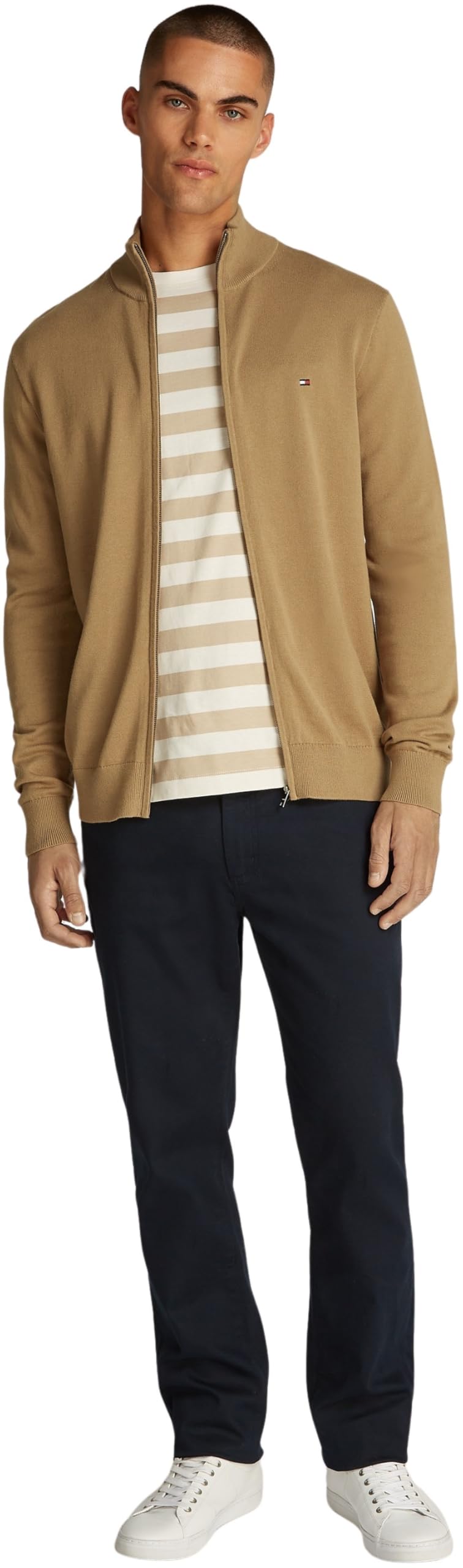 Tommy Hilfiger Męski Essential Cotton Zip Thru MW0MW36517 Sweter z zamkiem błyskawicznym, khaki, S, Khaki (płótno safari), S