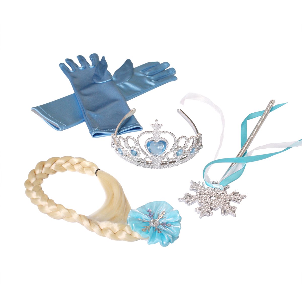 Frozen Elsa Princess Tiara Snowflake Wand Braid Hair Piece and Blue Gloves Set