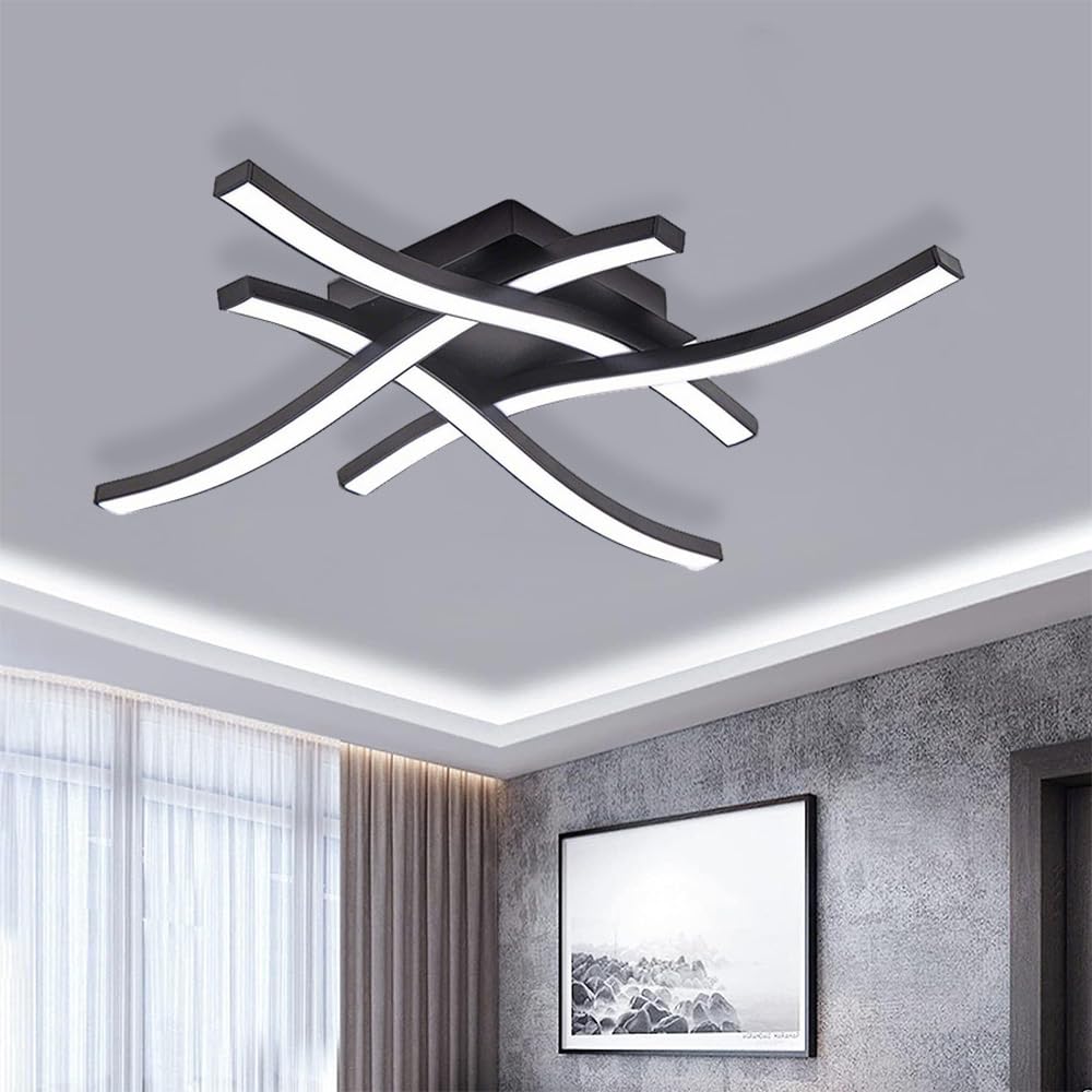 Ccarzzi Modern LED Ceiling Light, 24W Black Ceiling Light with 4 Wave Design Lamp Tubes, 6500K Cool White Elegant Ceiling Light for Living Room Bedroom Kitchen Hallway Office