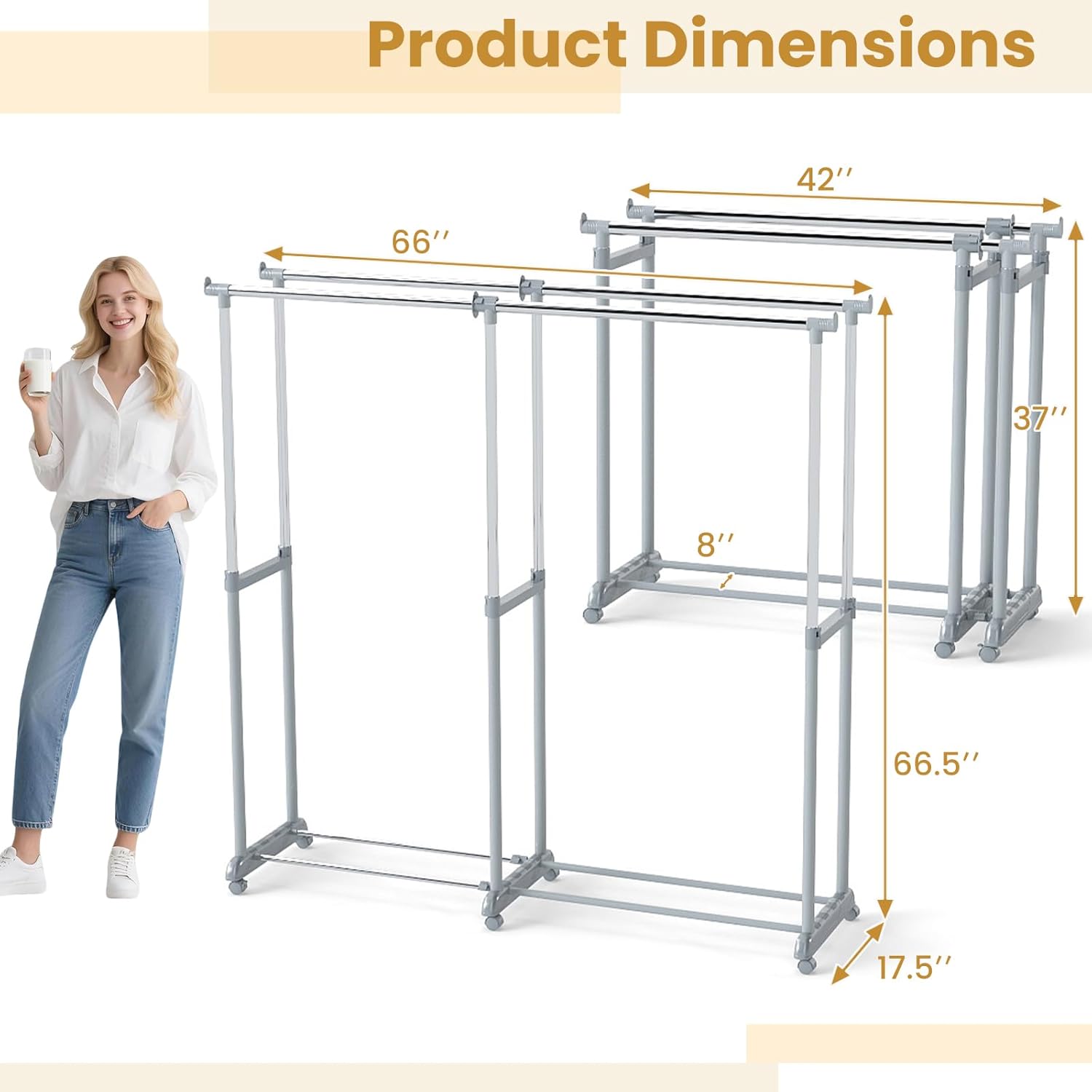 Tangkula Extendable Double Rods Garment Rack, Rolling Clothing Organizer with Adjustable Height & Width, Portable Closet Rack with Wheels, Heavy Duty Foldable Metal Clothes Rack for Bedroom & Laundry