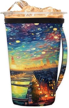 Reusable Iced Coffee Sleeve with Handle, Paris Eiffel Tower Neoprene Cup Sleeve Starry Night Insulator Cup Holder for Cold Drinks Beverages 24oz - 28oz