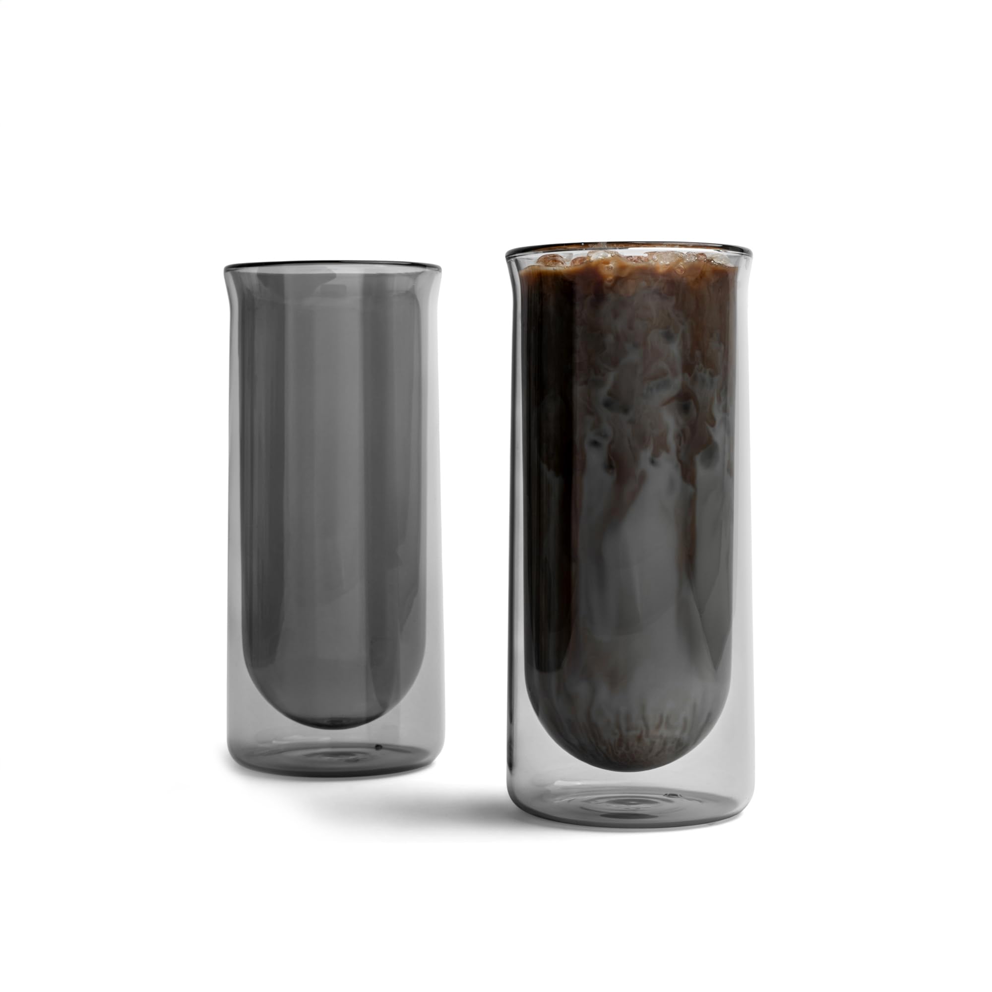 FLUR Iced Coffee Glasses (Set of 2) Perfect for Iced Coffee, Cold Brew & Lattes – Double-Walled Borosilicate Glass – For Hot & Cold Drinks – Lightweight & Easy to Clean – 15.5oz (Smoke)