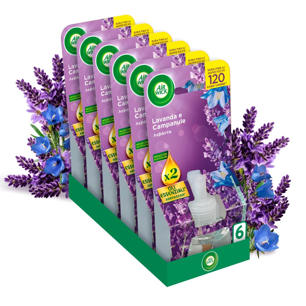 Air Wick Diffusore Elettrico di Oli Essenziali, 6 Ricariche per Diffusore alla Fragranza Lavanda e Campanule, Profumatore per Ambienti Elettrico con Oli Essenziali