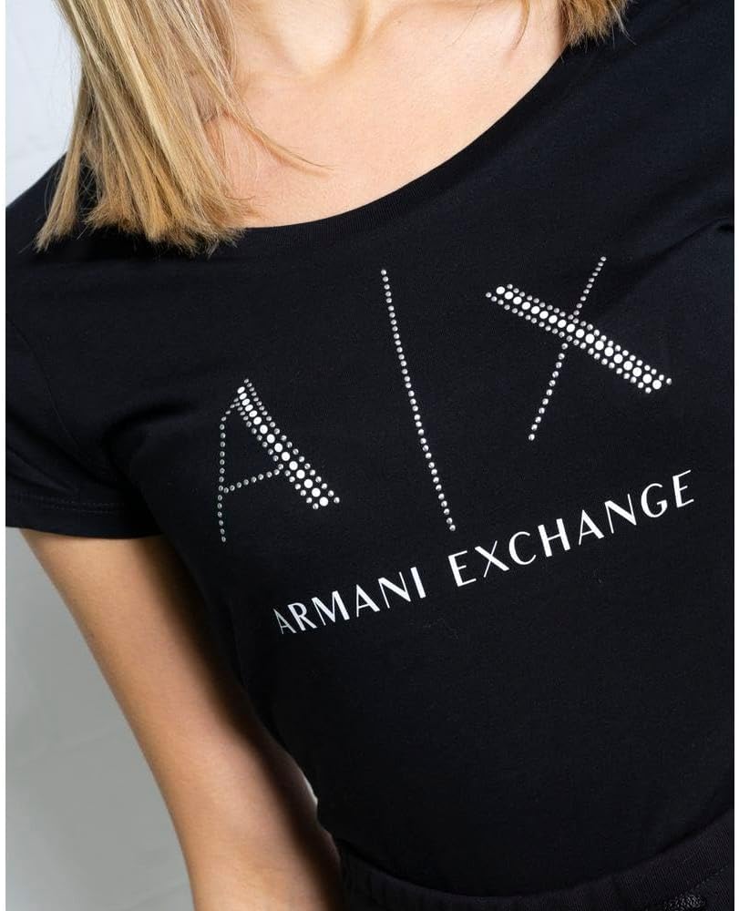 Armani Exchange Womens Rhinestone Scoop Neck Logo Tee - Image 4