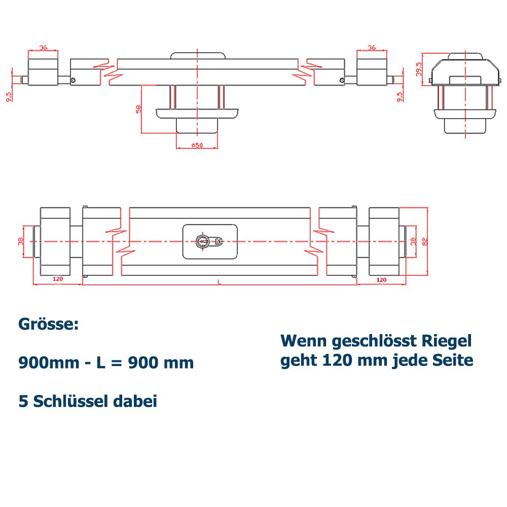 Ckey Panzerriegel Querriegel Panzerriegelschloss Türsicherheit Schließzylinder 900mm weiss