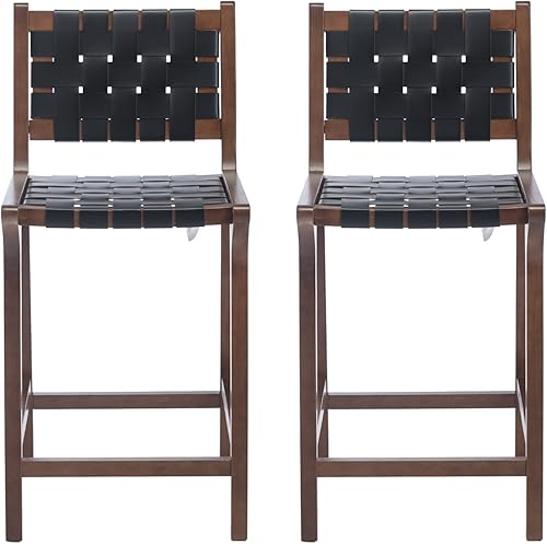 Chairus Juego de 2 taburetes altos de piel sintética de 23.5 pulgadas con asiento y respaldo tejidos, modernas correas cuadradas de piel sintética,