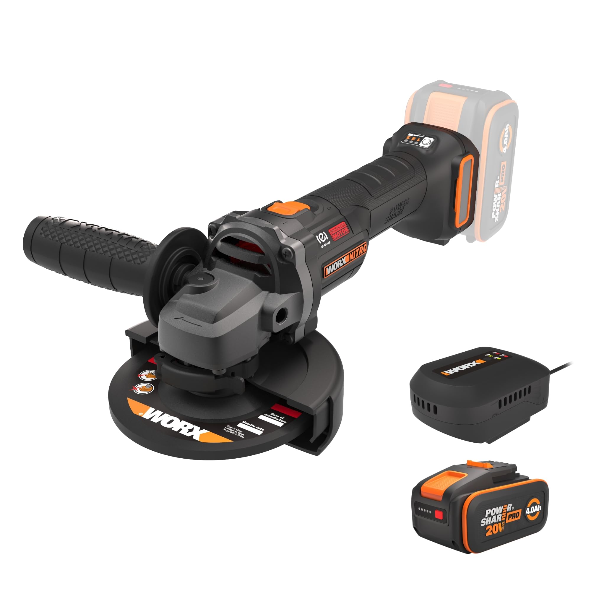 WORX WX814 Amoladora a batería 20V-4Ah, 125mm, corte 50% más rápido, equivalente a 1000W de potencia, batería y cargador incluido, para reparaciones, metal y piedra, uso intensivo.