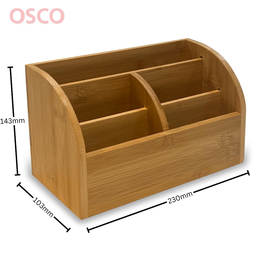 Osco Bamboo 5-Compartments Desk Organiser, Wooden Pen & Stationery Holder, Makeup & Cosmetics Sorter, Office Desktop Storage - Image 2