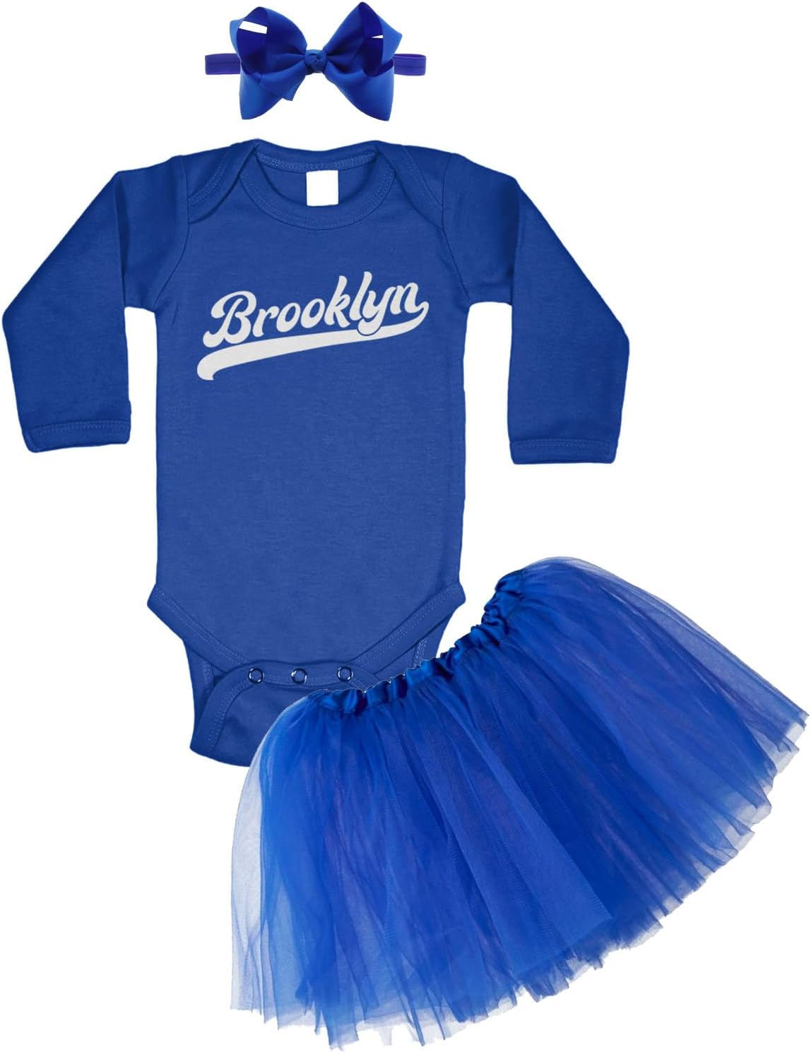 Brooklyn - Baseball Jersey Style Script Baby Bodysuit + Tutu Skirt + Bow Headband Set