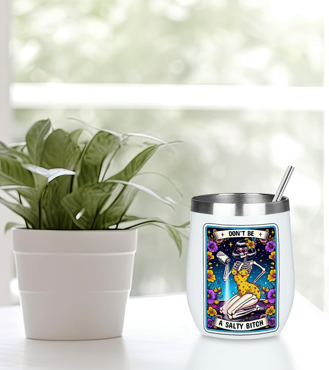 Funny Skeleton Tarot Card Wine Tumbler, Sarcastic Skull Gothic, Witch Stuff Goth Witchy Gifts for Women Sister Birthday Christmas Coffee Cup Insulated Stainless Steel 12oz Wine Glass with Lid, Straw - Image 5